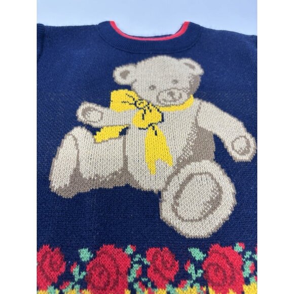 VTG 70s 80 Knit Kids Sweater Pullover Toddler Size 18 Mons Blue Teddy Bear Roses - Picture 2 of 12
